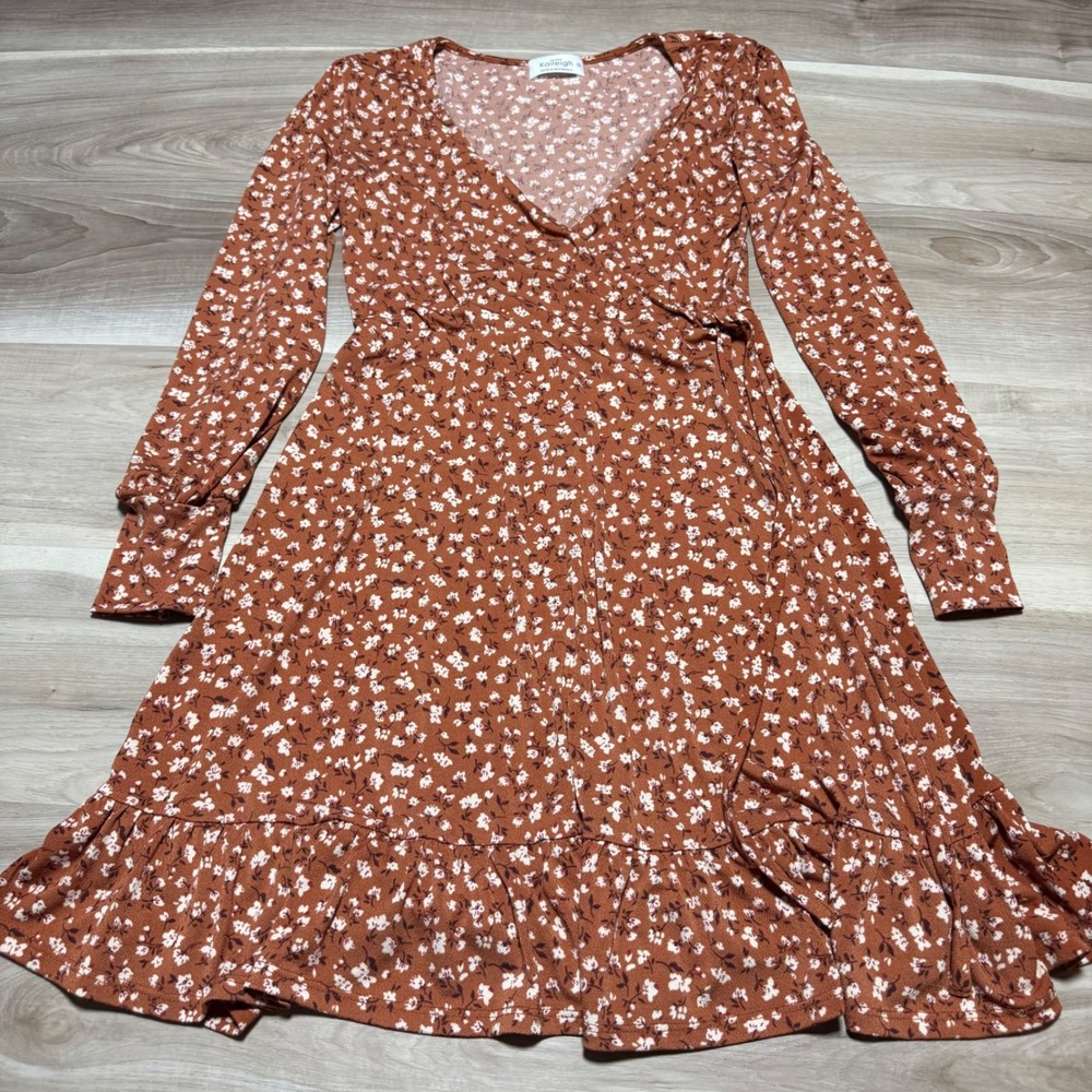 Kaileigh Floral Wrap Dress Womens S Brown Long Sleeve Ruffle‎ Hem Casual Boho